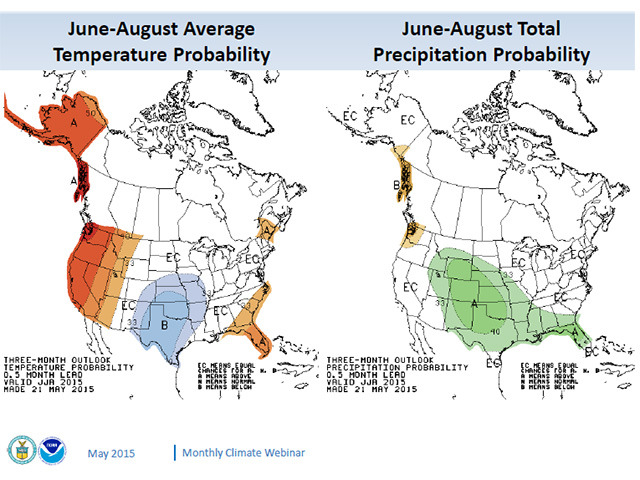 An absence of high temperatures and at least normal precipitation are featured in the NOAA summer forecast. (Graphic courtesy of NOAA)  